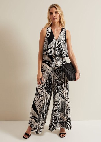 Phase Eight Saskia Abstract Pleated Jumpsuit Black/Multicolor USA | 7459823-WM